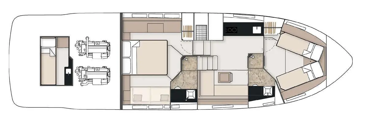 Floor plan of a luxury boat interior showcasing cabins, galley, and seating area with modern furnishings and layout.